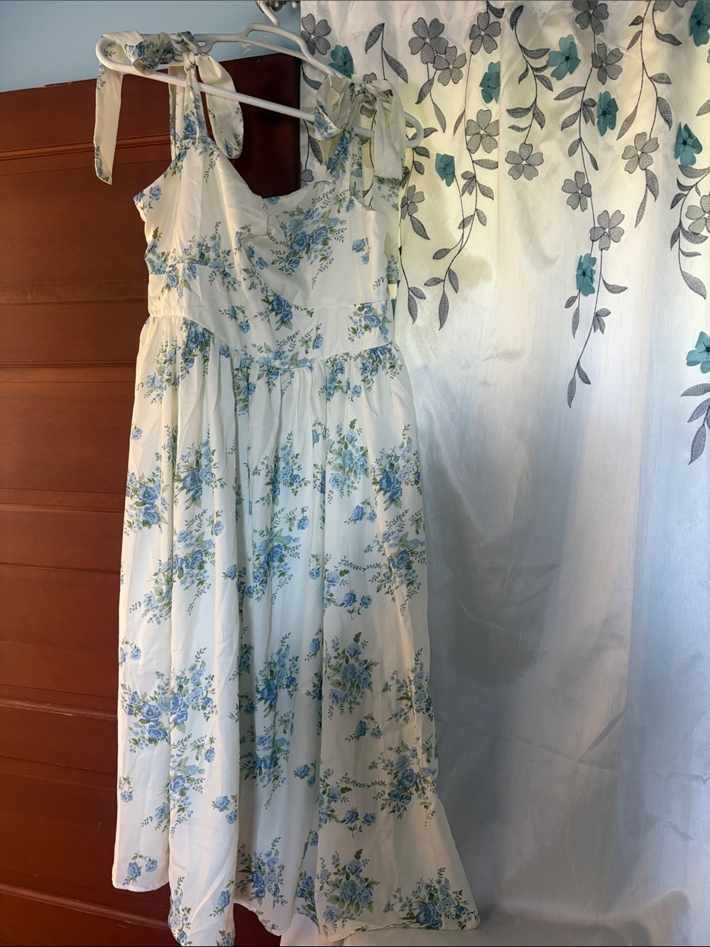 Cider White Maxi Dress with Blue Floral Print NWOT